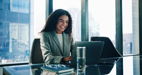 Finance, laptop and smile of business woman in office of investment firm for portfolio growth....
