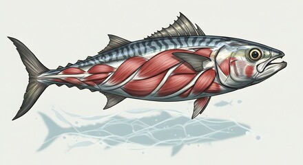 Detailed Illustration of a Fresh Tuna Fish Showing Slicing and Anatomical Features for Culinary Use