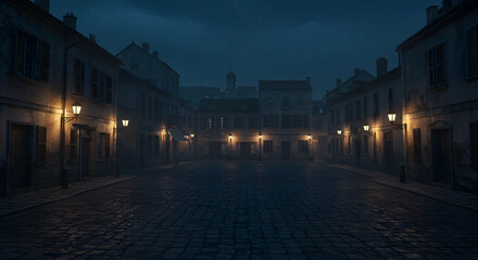 Fototapeta premium Mysterious Foggy Street at Night with Lanterns and Historic Buildings