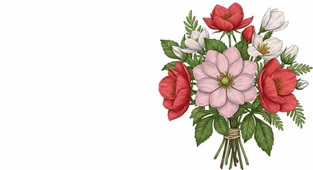 Colorful Floral Bouquet Illustration with Variety of Blooms and Leaves