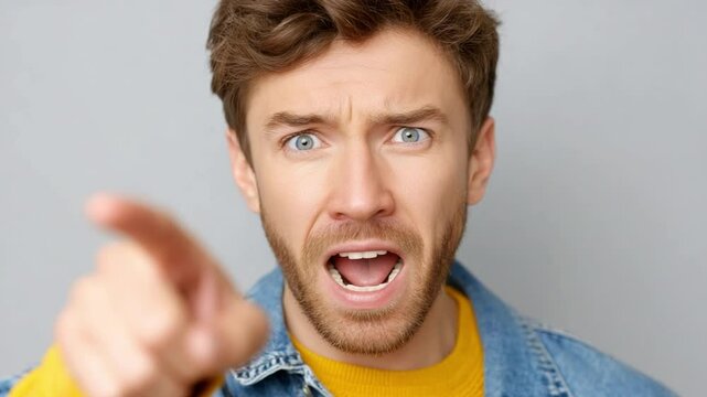 Expressing Disapproval: A close-up shot of a man expressing intense anger and pointing directly, highlighting strong emotions and potential conflict.