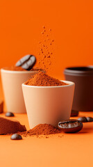 Ground coffee is falling from a cup onto a vivid orange backdrop, with scattered coffee beans adding to the rich, aromatic scene showcasing the process of brewing