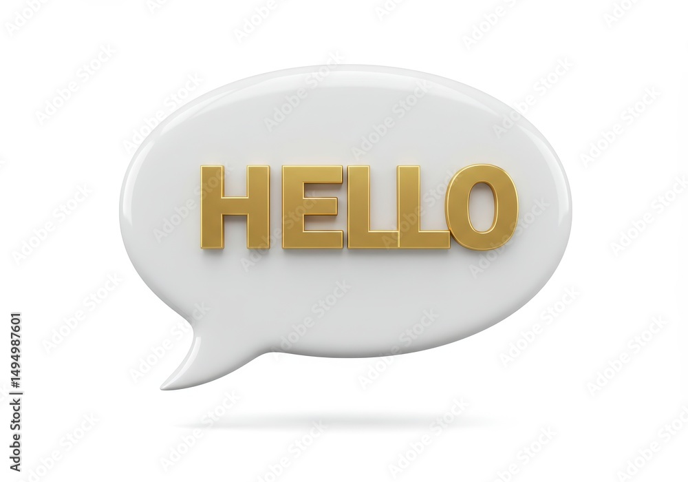 Poster 3d illustration of gold hello in speech bubble isolated on white background char