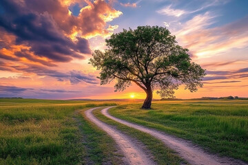Idyllic Sunset Vista: A Serene Dirt Road Leading to a Lone Tree at Dusk