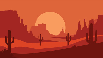 stylized rocky desert plateau with bold cactus shapes and vibrant sun using flat solid colors and minimal vector aesthetic