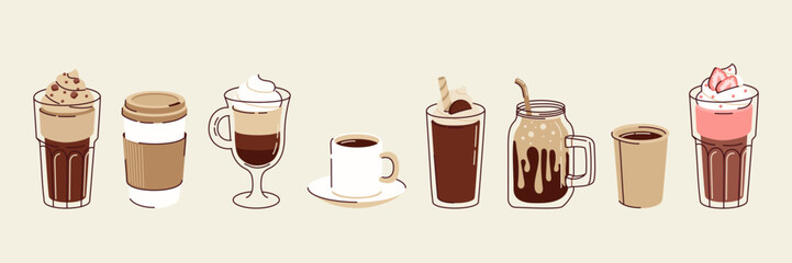 Different types of hot and cold coffee beverage. Espresso, americano cup, cappuccino and latte, iced macchiato in glass. Flat vector illustrations isolated on white background