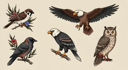 Fototapeta premium Colorful Illustrations of Various Bird Species in Unique Styles