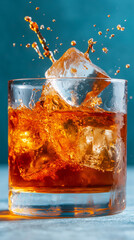 A clear glass filled with a brown cocktail showcases an ice cube splashing in vibrant liquid, capturing the essence of summer refreshment and enjoyment