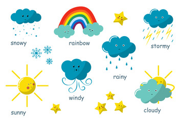 weather cartoon set on a white background. sunny, star, rainbow, windy, cloudy, snowy, stormy. weather character with smile and angry face. Flash cards for preschool, children. Vector illustration