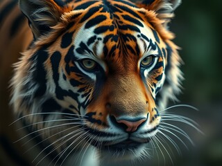 Fototapeta premium A detailed close-up of a tiger's face, highlighting its piercing eyes, vibrant orange and black striped fur, and intense expression
