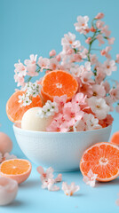 Fresh oranges and delicate pink flowers fill a bowl against a soft blue background, creating a lively and inviting display perfect for spring festivities