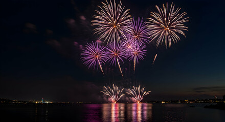 Obraz premium Vibrant Fireworks Display Illuminating Night Sky Over Calm Water