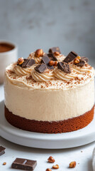 A beautifully crafted cake topped with smooth frosting, chocolate chunks, and nuts is displayed on a white pedestal in a warm, inviting atmosphere