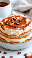 Indulging in a layered dessert featuring creamy filling and cocoa topping, beautifully presented with coffee beans, perfect for a relaxing morning