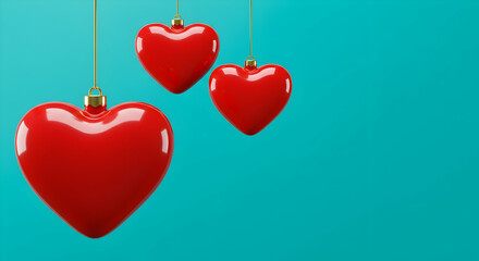 Glossy Red Heart Ornaments Hanging on Strings Against Blue Background