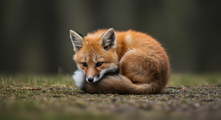 Fototapeta premium Adorable Red Fox Curling Up on Ground in Natural Habitat