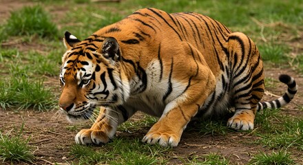Fototapeta premium Crouching Tiger in Natural Habitat on Green Grass Landscape in a Wild Environment