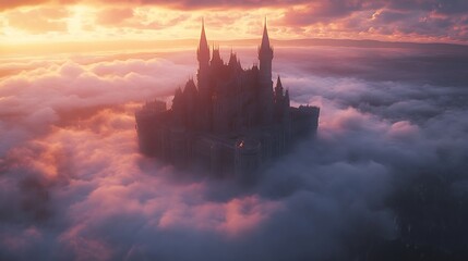 Spectacular castle amidst ethereal clouds, touched by the sunset's gentle glow