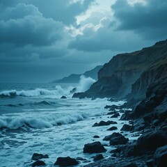 Dramatic Coastal Scene Ocean Waves Crashing Against Rugged Cliffs Under a Stormy Sky
