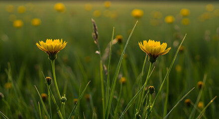 Fototapeta premium Bright Yellow Wildflowers in Green Grass Under Soft Morning Light