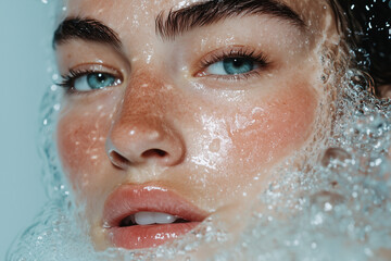 A person with vibrant blue eyes and natural freckles is seen with their face partially submerged in bubbles, showcasing a refreshing skincare routine under soft lighting