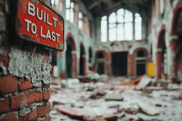 In a dilapidated structure, sunlight filters through broken windows, illuminating scattered debris and a sign stating “Built to Last, symbolizing enduring strength despite decay