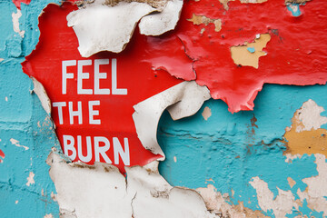 A worn mural showcases the phrase 'Feel the burn' with layers of paint flaking away in an urban area, near a fitness center, conveying intensity and determination