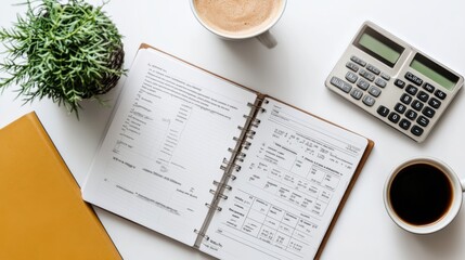 Accounting and financial planning flat lay with notebook calculator mobile phone coffee and pen on white