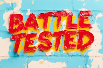 A vibrant mural features the phrase Battle Tested in large, bold lettering. The artwork uses bright red and yellow colors against a textured blue wall, enhancing urban aesthetics