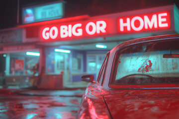 Bright neon signage illuminates a diner while rain-soaked streets reflect vibrant colors. A vintage car sits nearby creating a nostalgic atmosphere