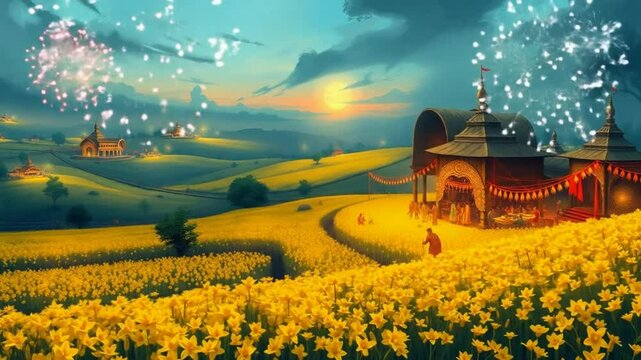 Baisakhi harvest festival with yellow mustard fields and sparkling candle lights
