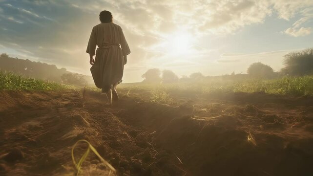 Harvest time. The parable of the good sower and the tares. Christian religious photo for publications. Jesus Christ walking through a wheat field