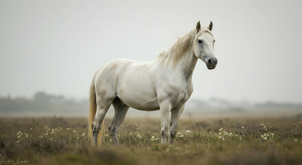 Elegant White Horse Standing Gracefully in Misty Meadow Landscape