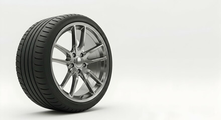 Fototapeta premium Modern Silver Alloy Wheel with Performance Tire on White Background