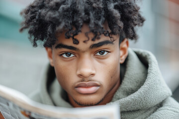 A young man sits in an urban area, deeply engaged in reading a newspaper. The cool afternoon light highlights his pensive expression and stylish hairstyle