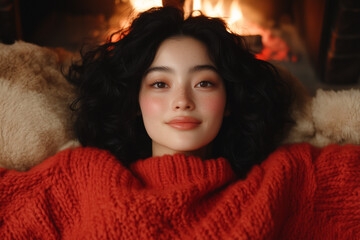 A young woman with curly hair enjoys a moment of relaxation by a crackling fireplace, dressed in a warm red sweater, radiating comfort and serenity