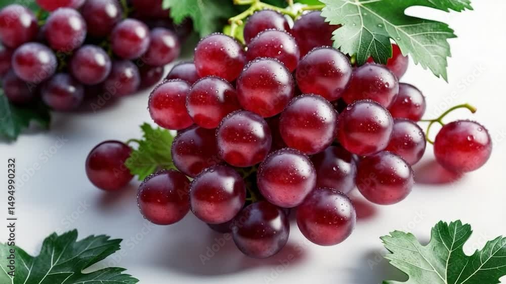 Poster isolated red grape with leaves on a white backdrop.