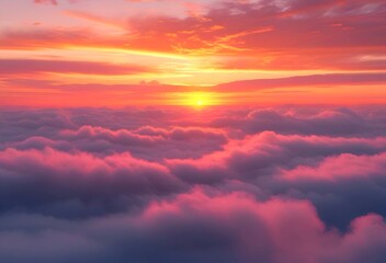 Obraz premium Behold the serene beauty of a peaceful sunset, casting a dreamy glow across a heavily clouded canvas, transitioning from warm pinks to soft yellows.