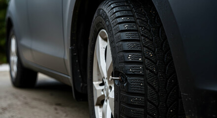 Close-Up of Car Tire with Puncture on Side of Road