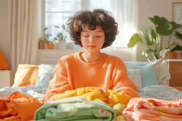A woman in an orange sweater sits calmly among neatly folded colorful clothes, enjoying the warm morning light in her cozy bedroom filled with plants