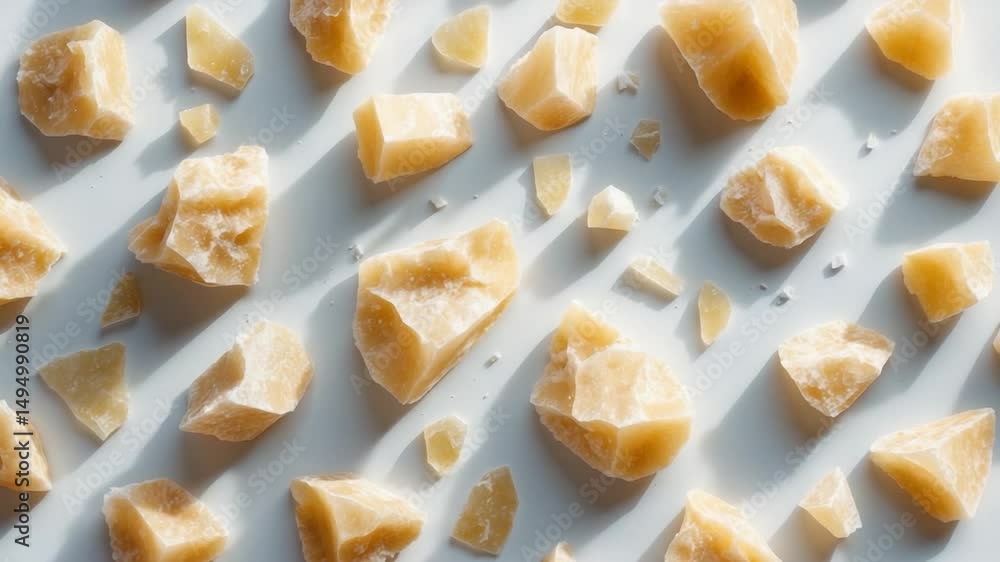 Poster parmesan cheese pieces displayed individually on a backdrop. fragments. design element for packaging
