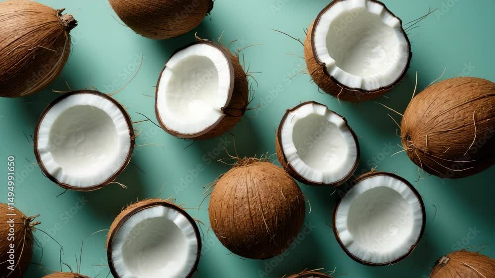 Poster coconuts in a patterned background. top-down view.
