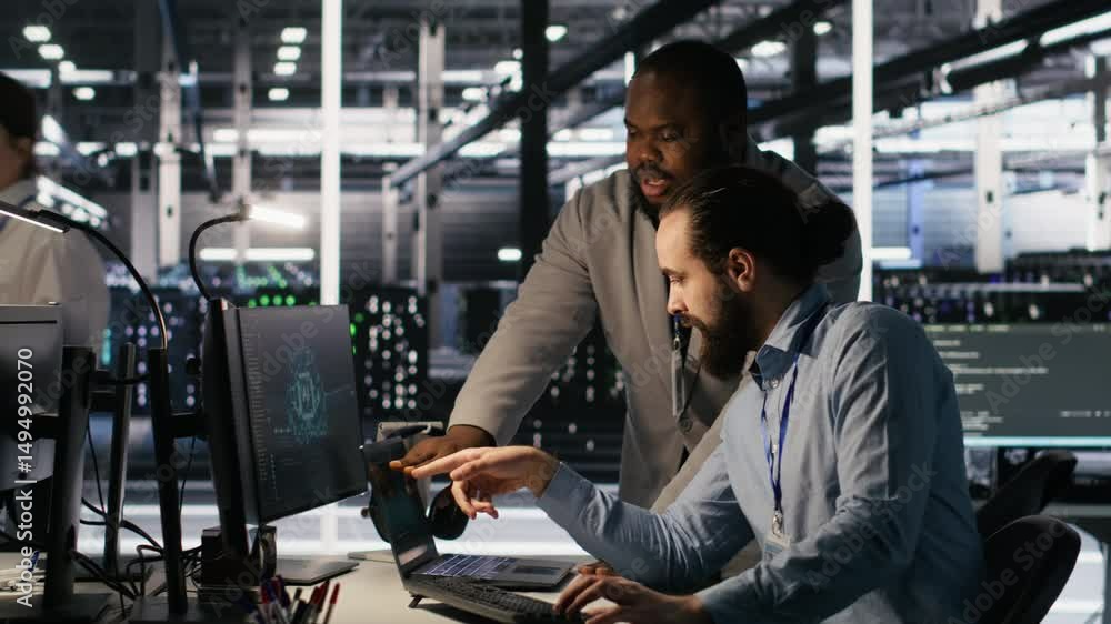 Poster data center engineers use laptop, collaborating on doing ai software updates. server room teamworkin