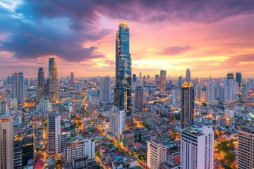 Fototapeta premium A 3D rendered mock up of a blank white road billboard with a Bangkok cityscape background at sunset, representing a street advertising poster, viewed from the side, to convey the concept of marketing