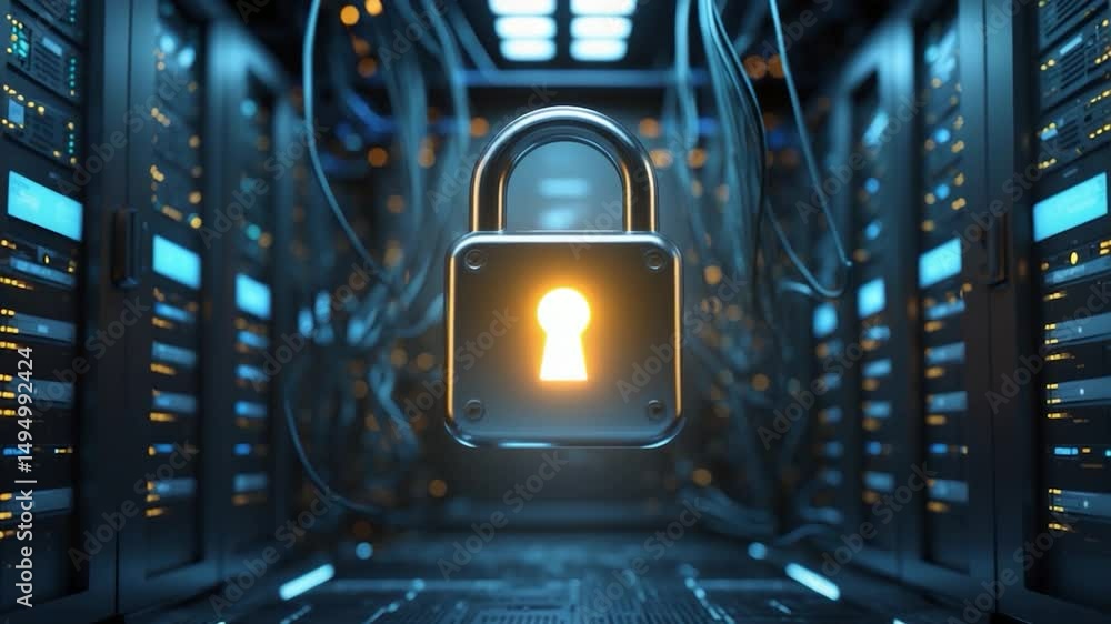 Poster digital illustration of padlock icon and data processing over server room, representing global techn