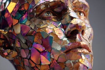 Fototapeta premium Mosaic face sculpture with vibrant, multicolored tiles, capturing light and shadow, creating abstract patterns. Intricate detail and reflection enhance the artistic and creative expression