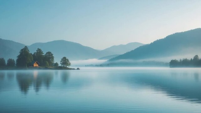 Misty lake surrounded by mountains.