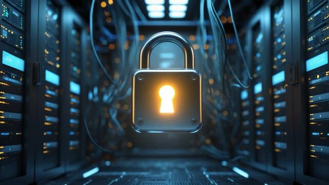 Digital illustration of padlock icon and data processing over server room, representing global technology, computing, online security, and digital interface concepts.