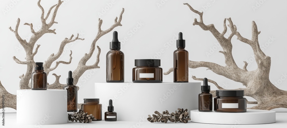Poster the background for presenting products is a simple mockup, including a podium and a branch with dry 
