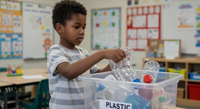 Young African American Boy Sorting Plastic Bottles into Recycling Bin in Elementary School Classroom - Powered by Adobe